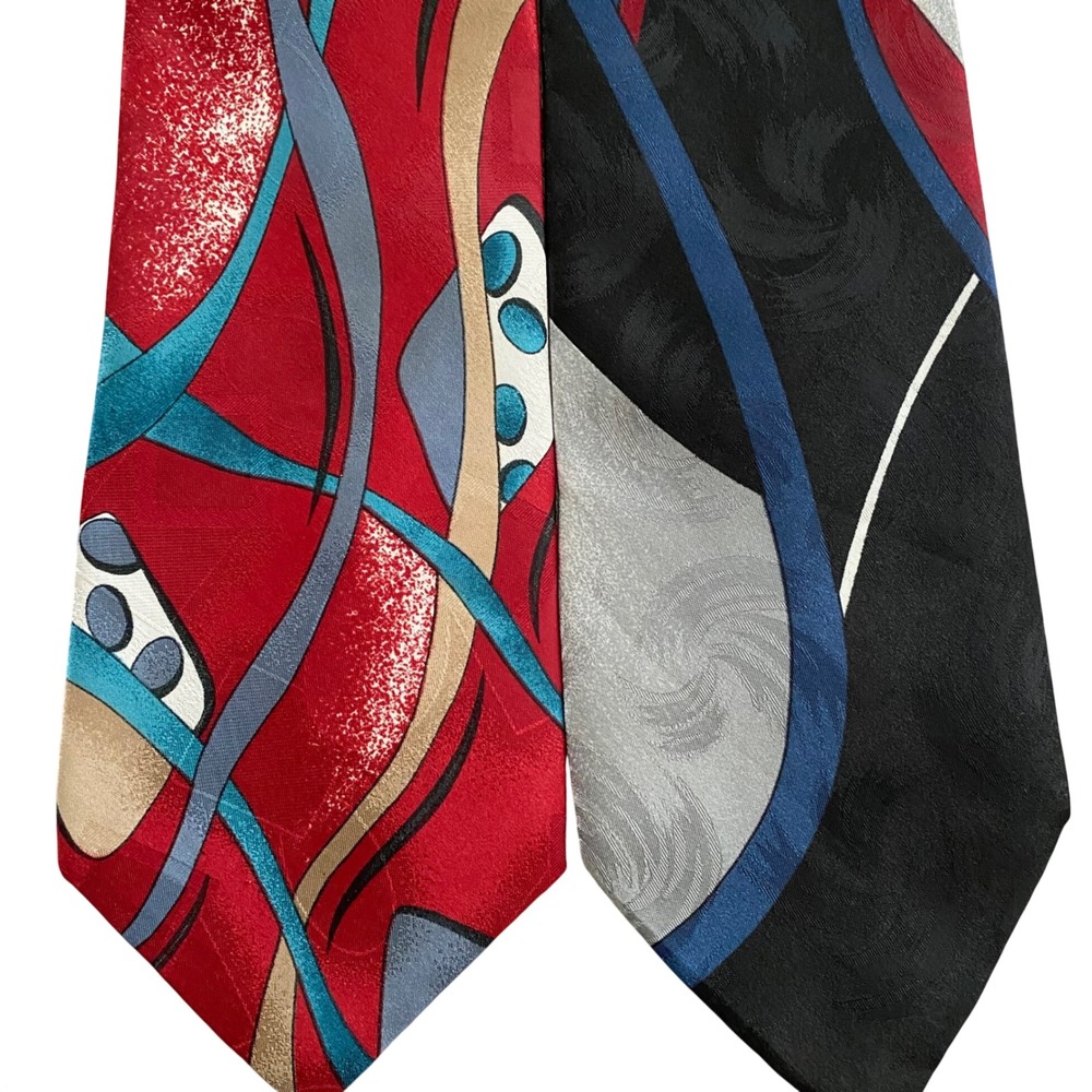 Johnny Carson Mens Necktie Lot 2 Abstract Geometric Red Black Vintage Made in US